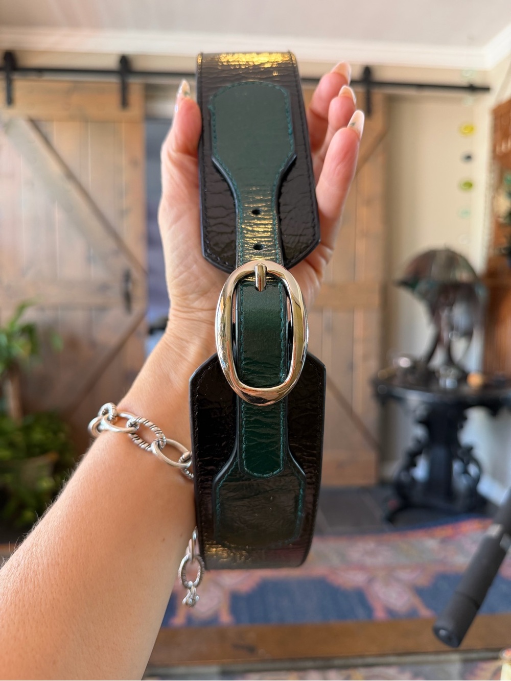 Lodis Black and Dark Green Patent Leather Wide Belt with Gold Buckle